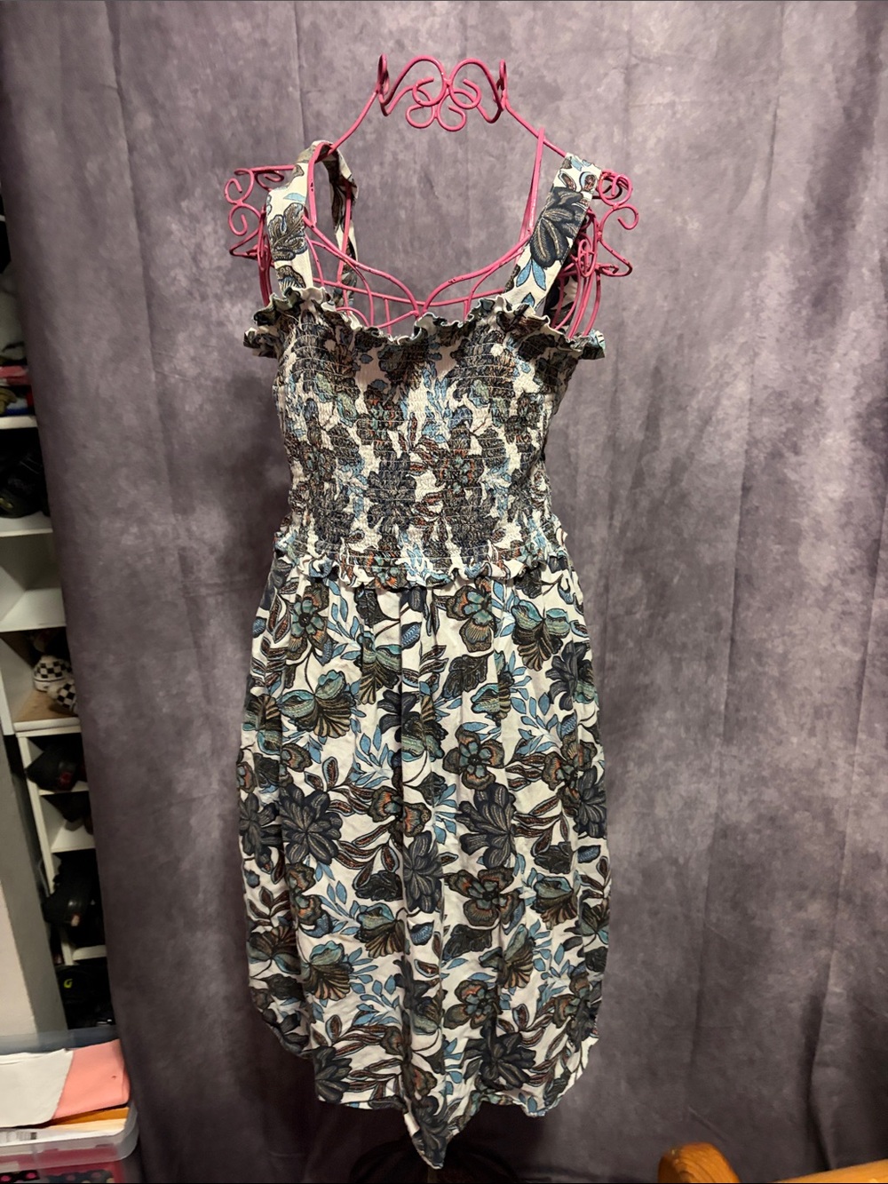 a.n.a Floral Smocked Midi Dress in Cream, Blue, and Brown